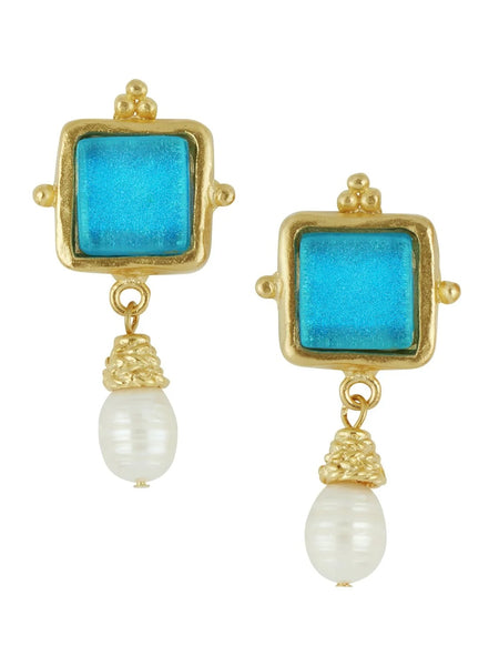 {Susan Shaw} Gold/Turquoise Glass + Pearl Earrings