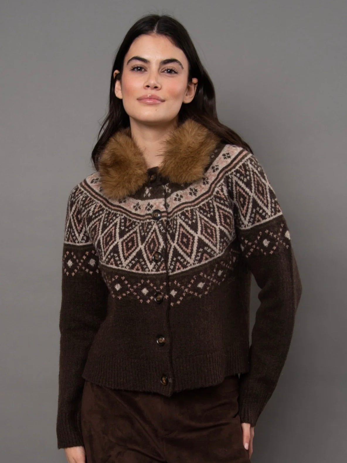 Ananta Faux Fur Collar Fairisle Cardigan