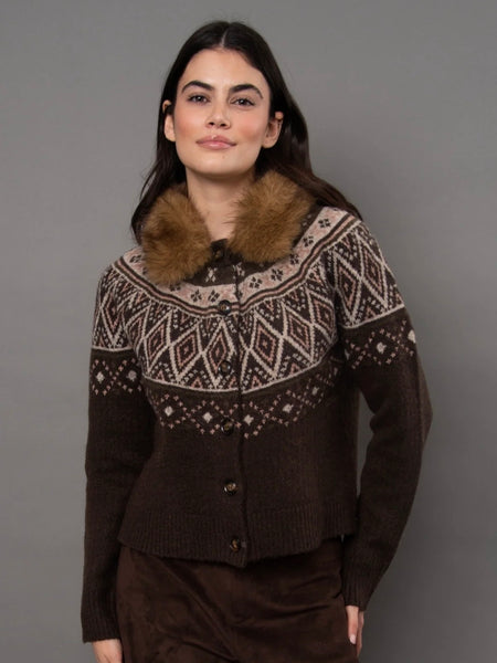 Ananta Faux Fur Collar Fairisle Cardigan