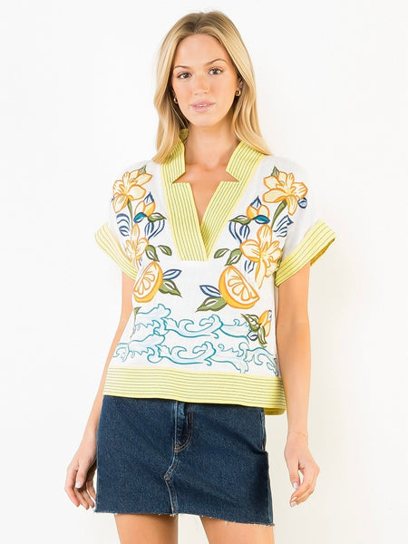 Lemon & Flowers Embroidered Top