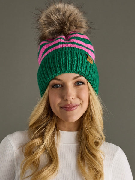 Green & Pink Striped Pom Pom Hat