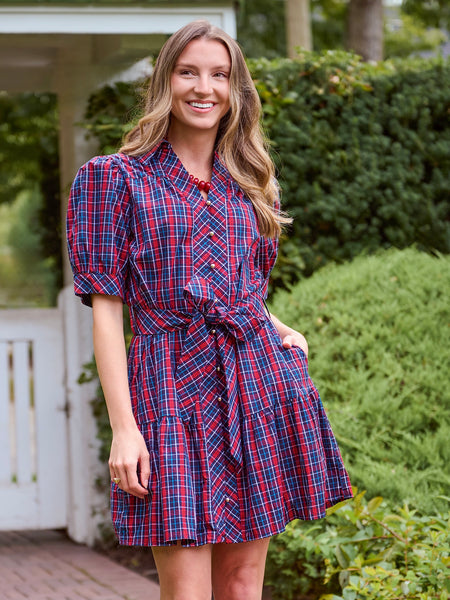 Plaid Short Puff Sleeve Mini Dress