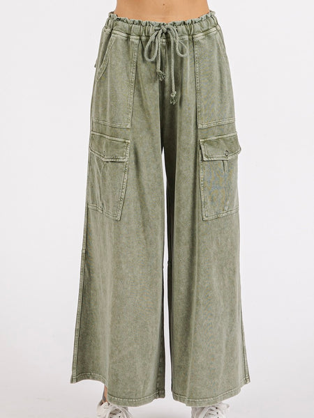 Washed French Terry Cargo Wide Pants