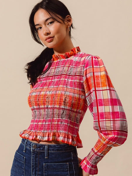 Check Plaid Woven Smocked Blouse