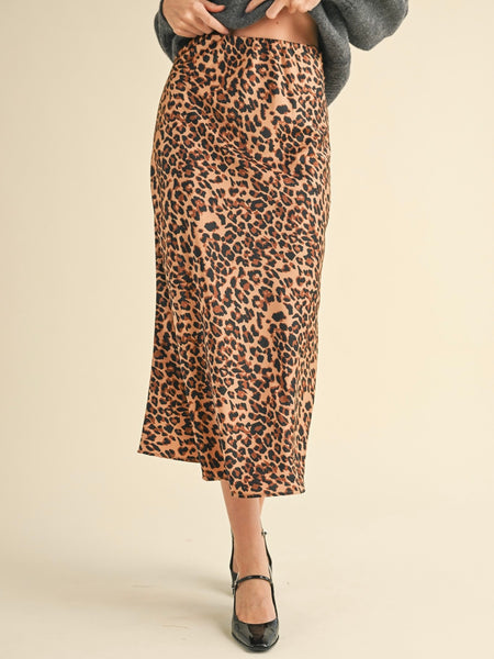 Satin Leopard Midi Slip Skirt