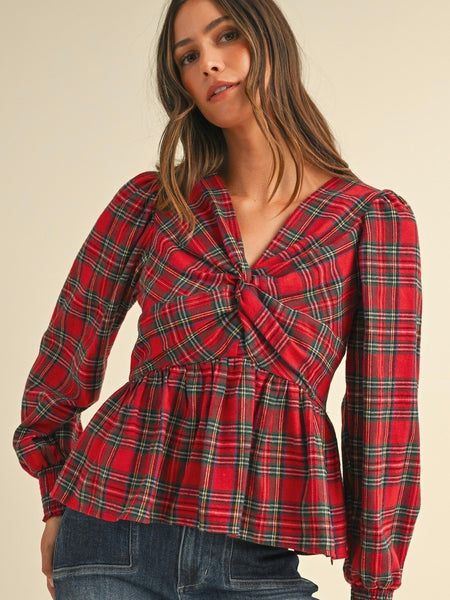 Tartan Front Twist Peplum Blouse