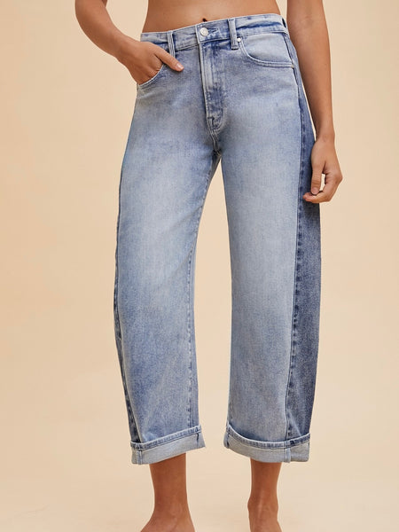 Two Tone Side Panel Stretch Barrel Leg Crop Jean