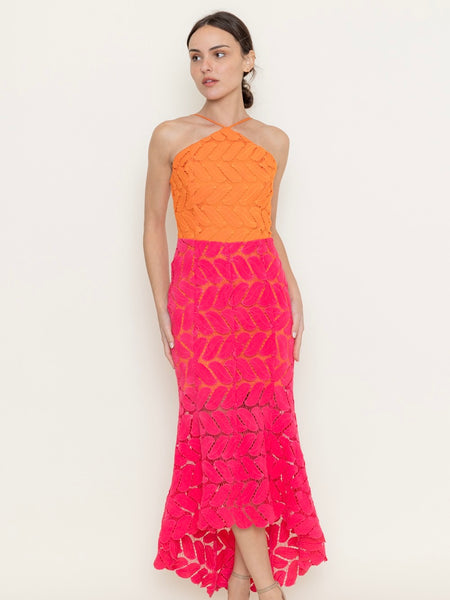 Colorblock Crochet Leaf Maxi Dress