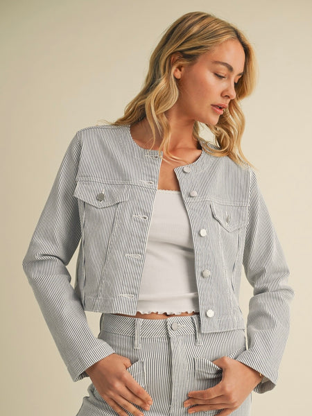 {Just USA Jeans} Stripe Collarless Denim Jacket
