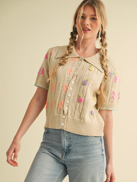 Hand Embroidered Short Sleeve Sweater