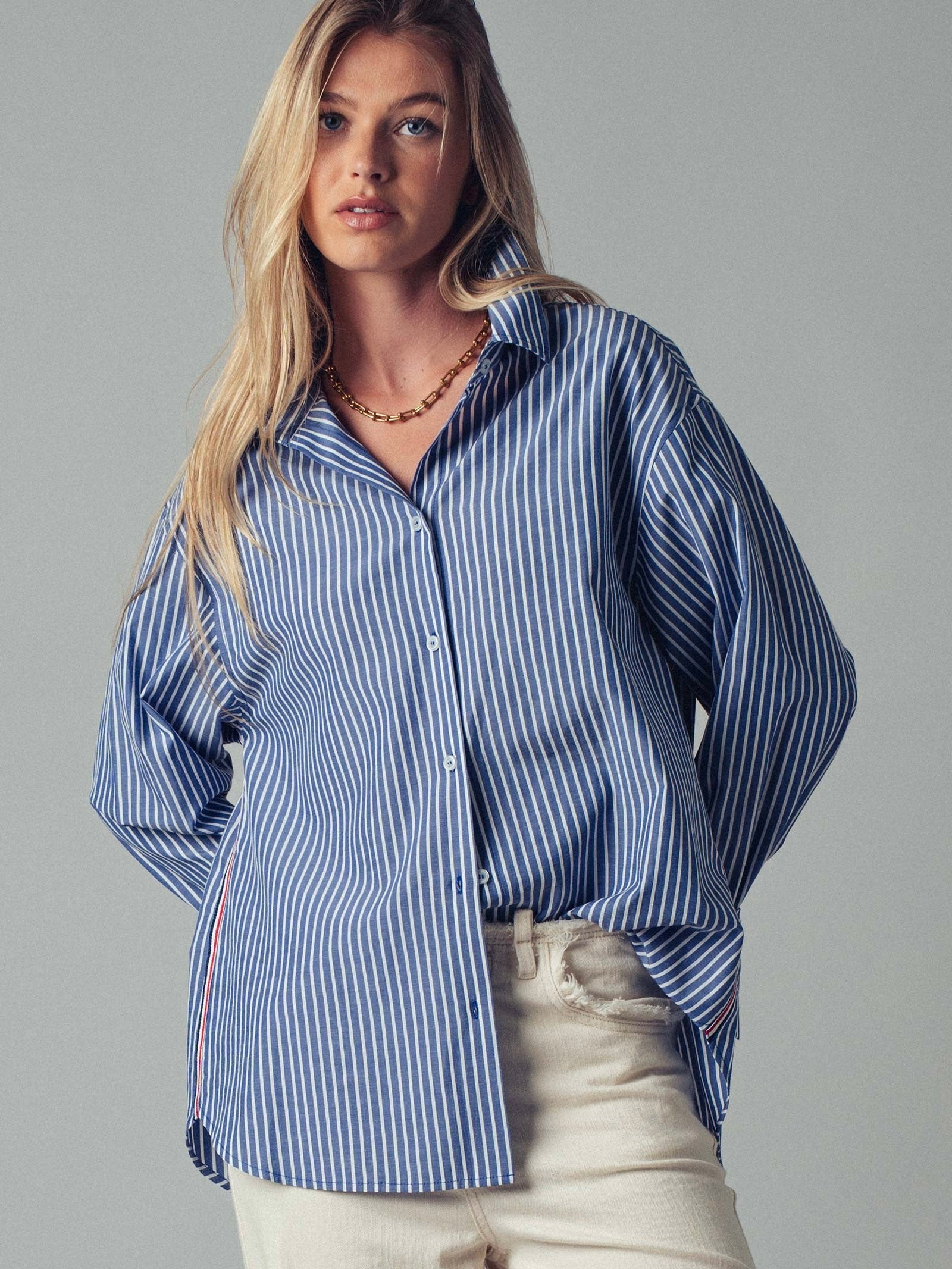 Tape Stripe Button Down Top