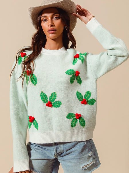 Christmas Holly Berries Pom Pom Sweater