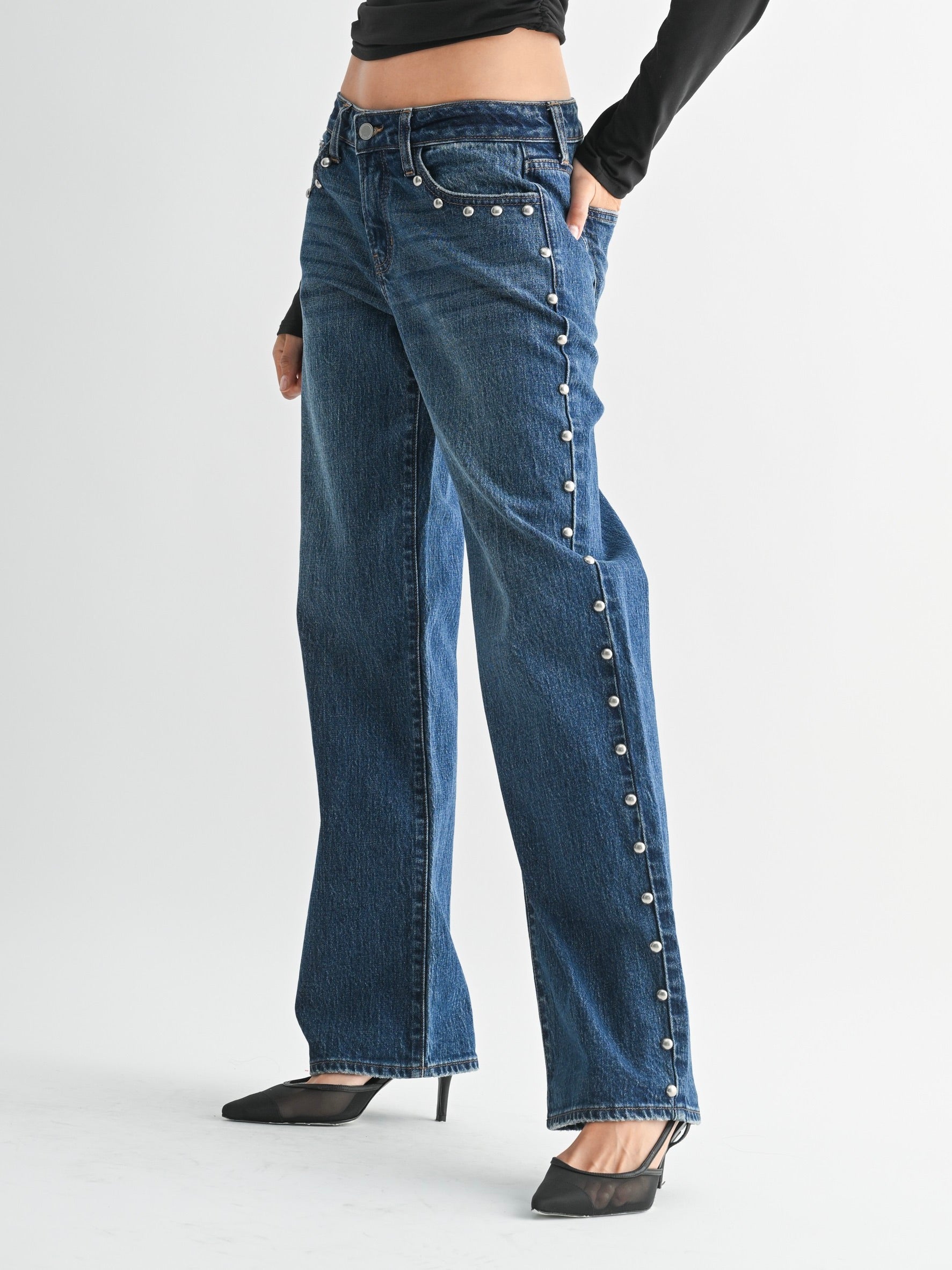 Just Black Denim : Low Rise Studded Baggy Jean – Vintage Charm Just Black Denim : Low Rise Studded Baggy Jean – Vintage Charm