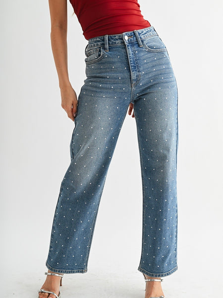 Just Black Denim :  High Rise Vintage Straight with Rhinestones