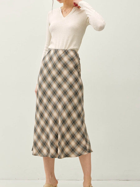 Plaid Print Flowy Midi Skirt