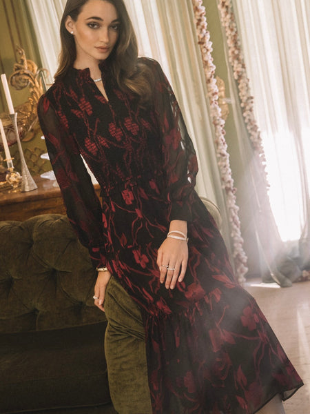 Floral Jacquard Tiered Long Dress