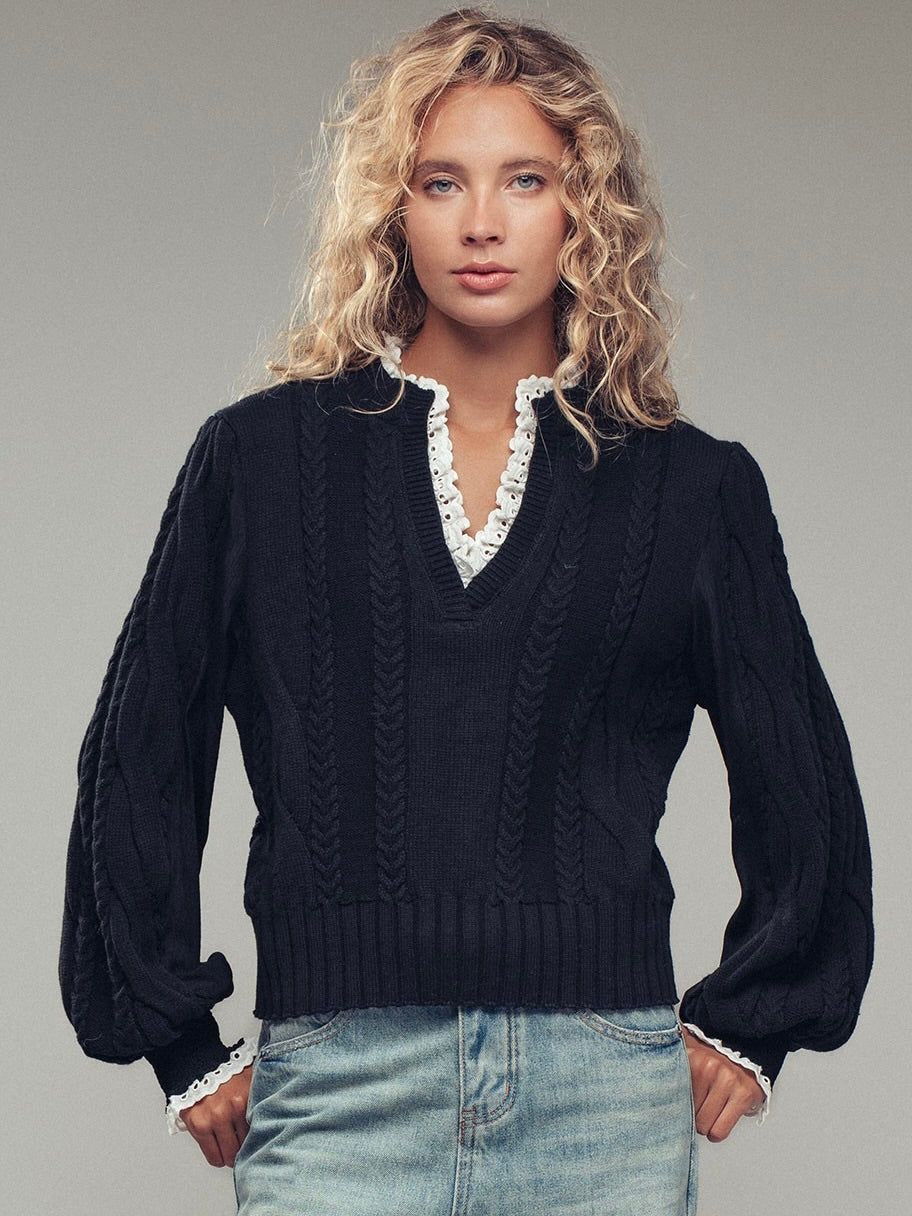 Cable Knit Lace Trim Sweater