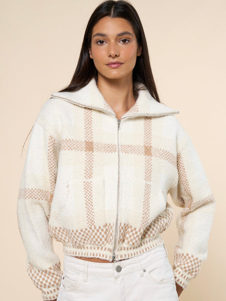 Oversized Collar Plaid Zip Up Cardigan