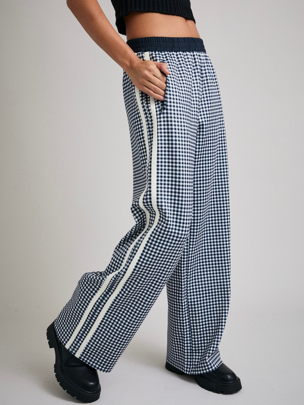 Mid Rise Side Stripe Gingham Track Pants