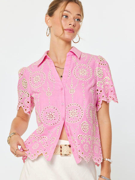 Eyelet Short Sleeve Button Down Top
