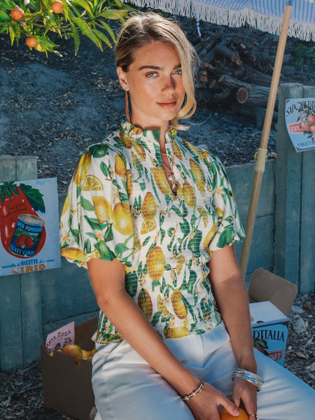 Lemon Printed Ruffled Zip Neck Top