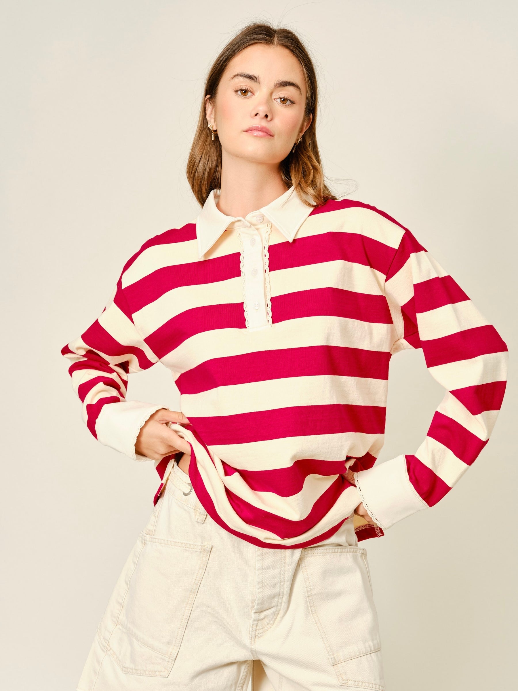 Striped Lace Detail Polo Sweatshirt