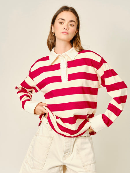Striped Lace Detail Polo Sweatshirt