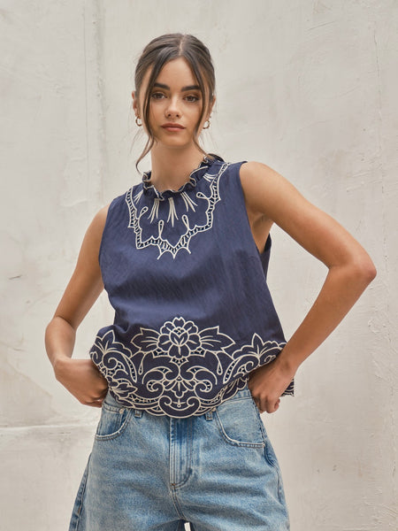 Embroidered Ruffle Neck Top