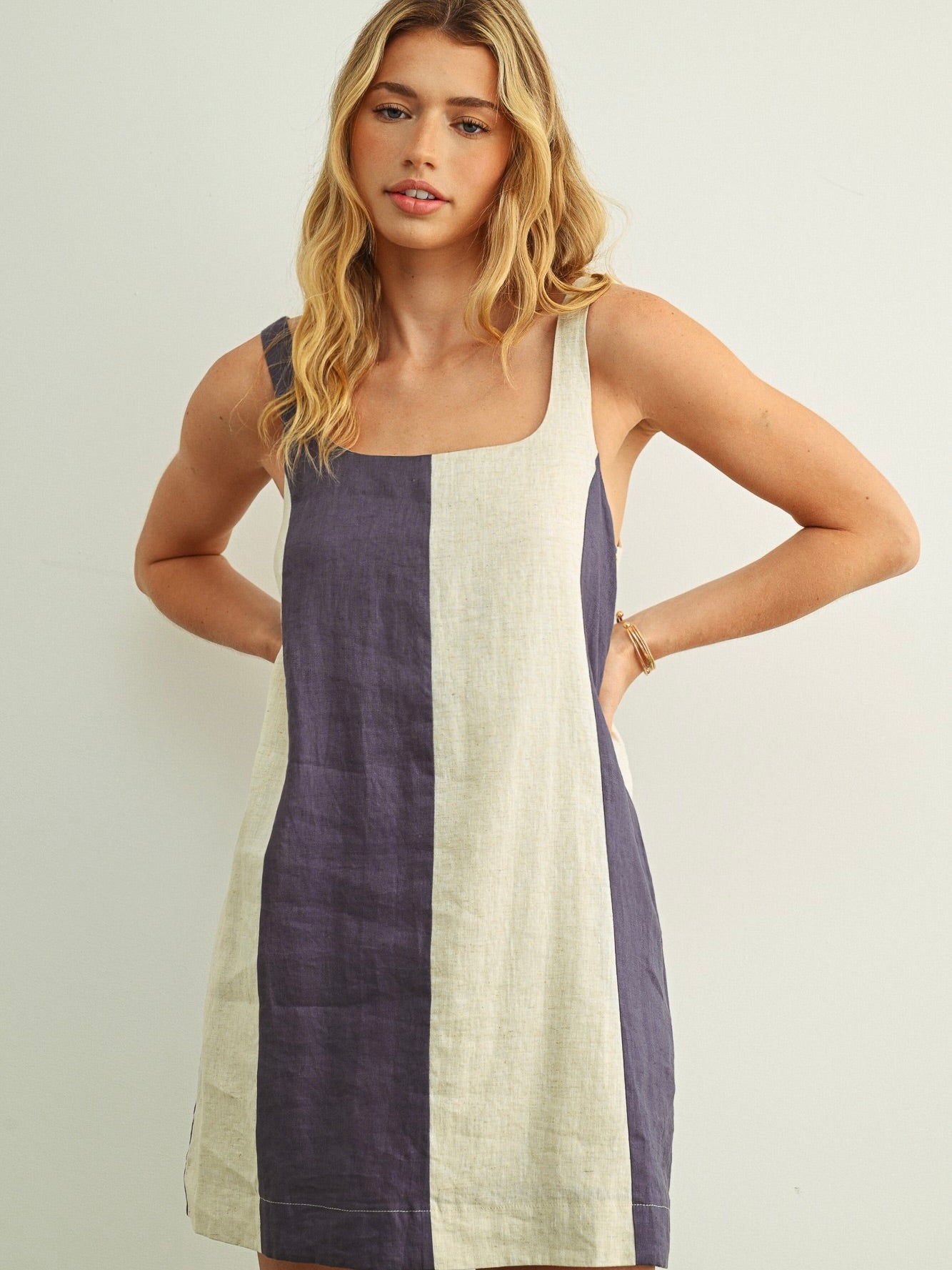 Off The Clock Color Block Linen Mini Dress