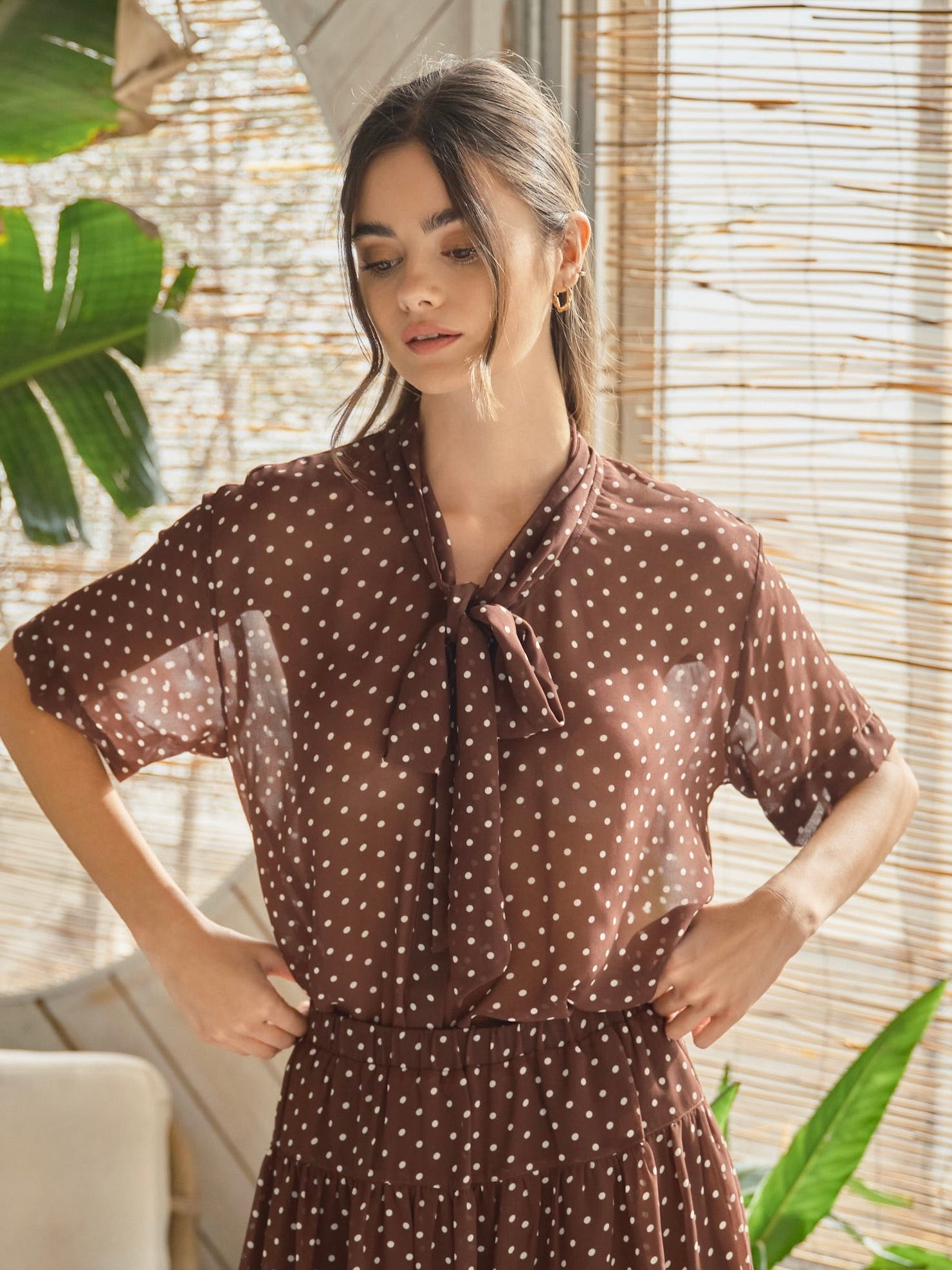 Polka Dot Short Sleeve Ribbon Top
