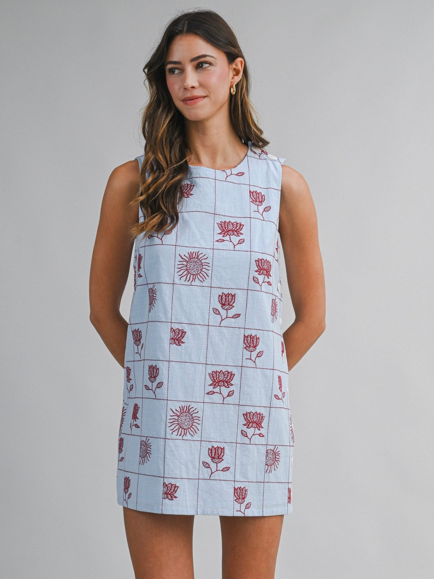 Grid Embroidered Mini Dress