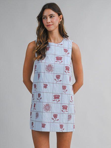 Grid Embroidered Mini Dress