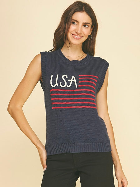 USA Graphic Flag Sleeveless Sweater Top