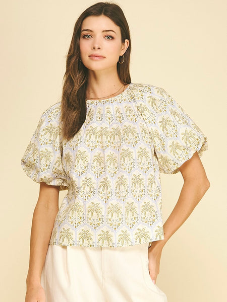 Tropical Palm Puff Sleeve Top