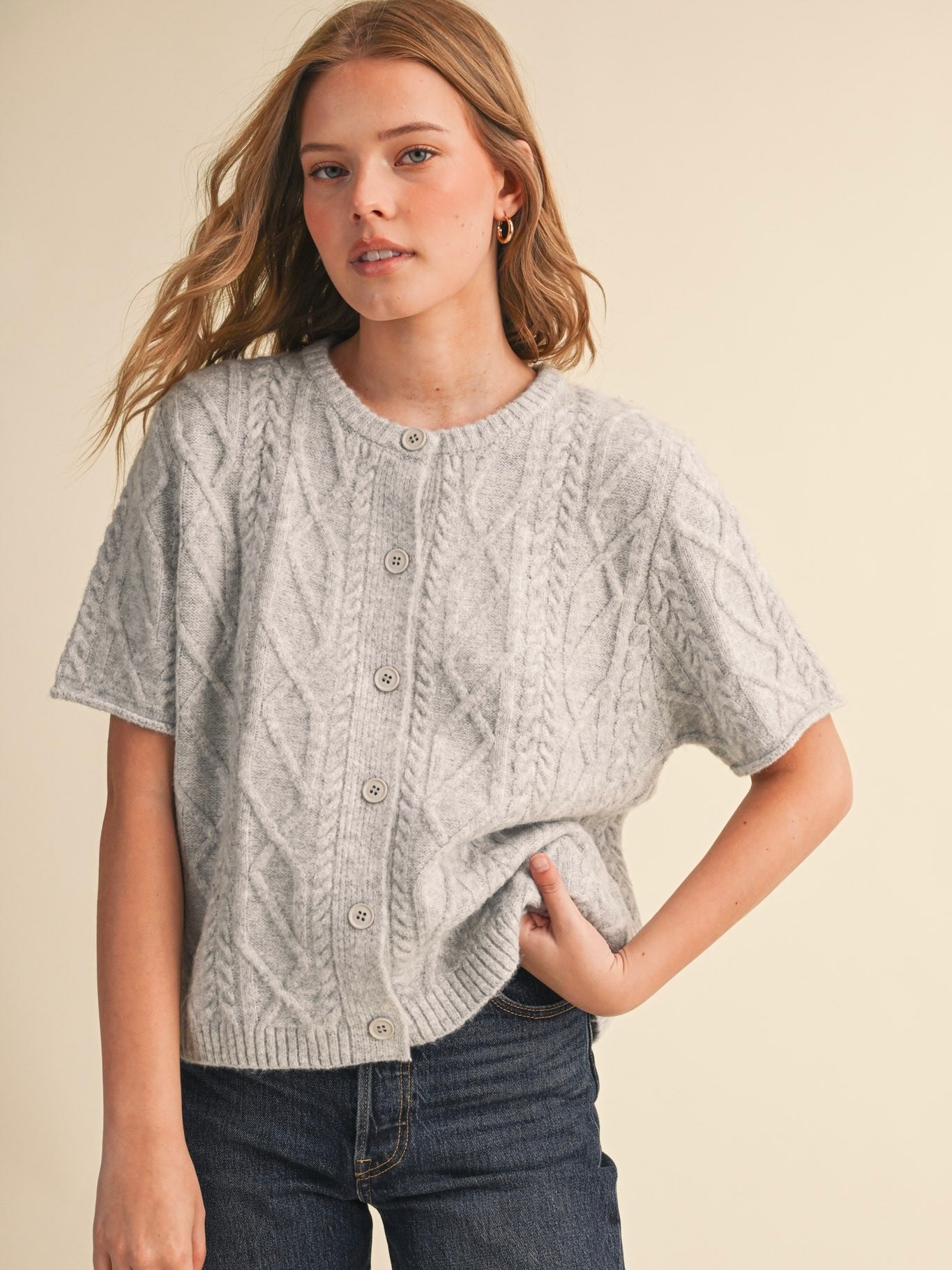 Cable Knit Short Sleeve Cardigan