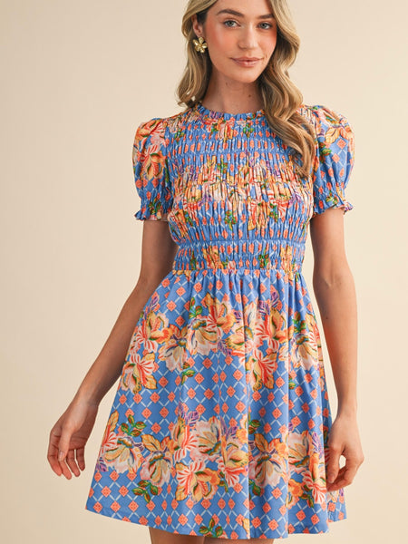 Floral Print Smocked Bodice Dress