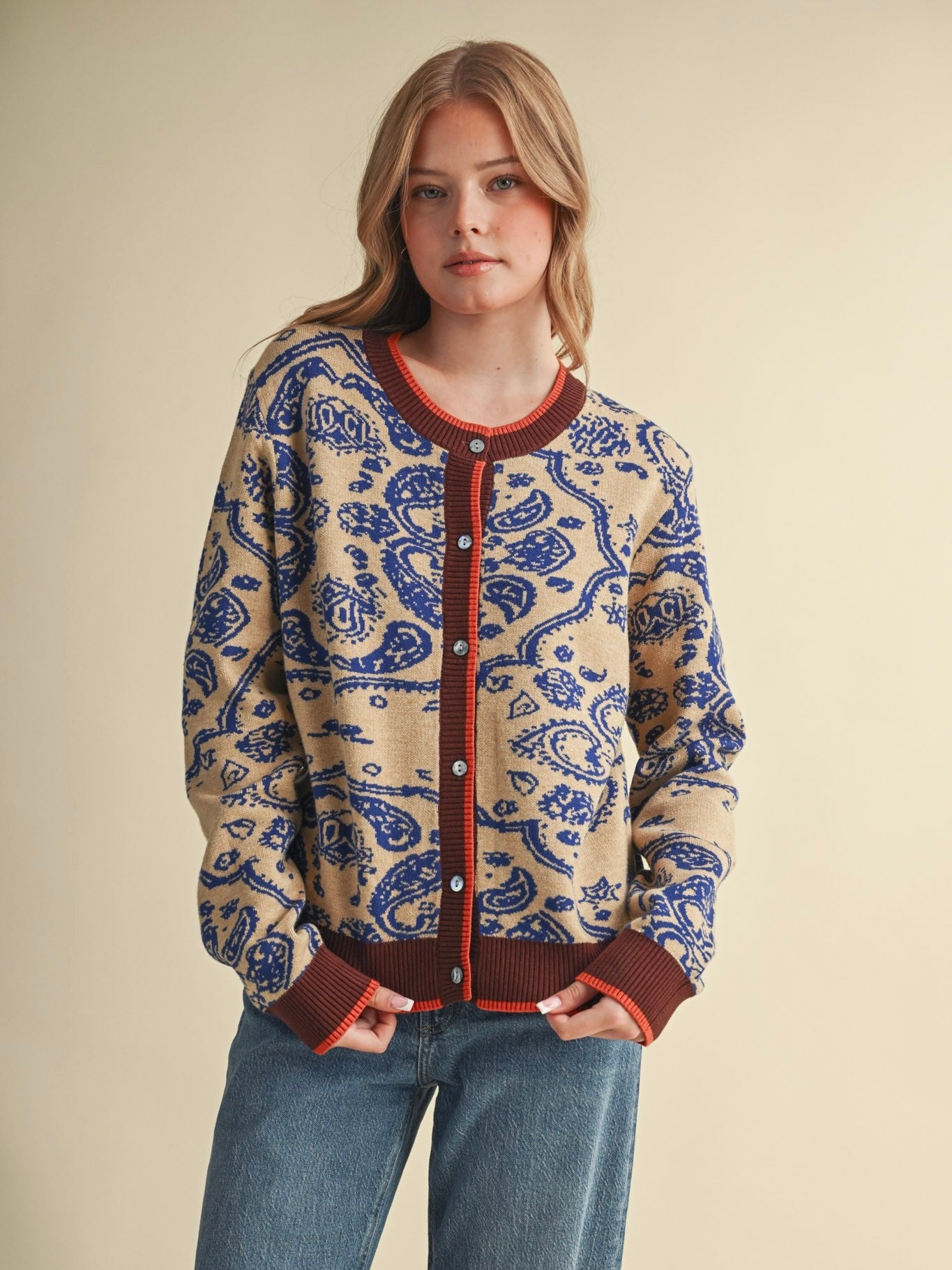 Paisley Knit Contrast Cardigan