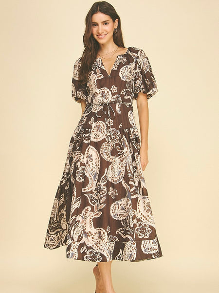 Paisley Print Puff Sleeve Midi Dress