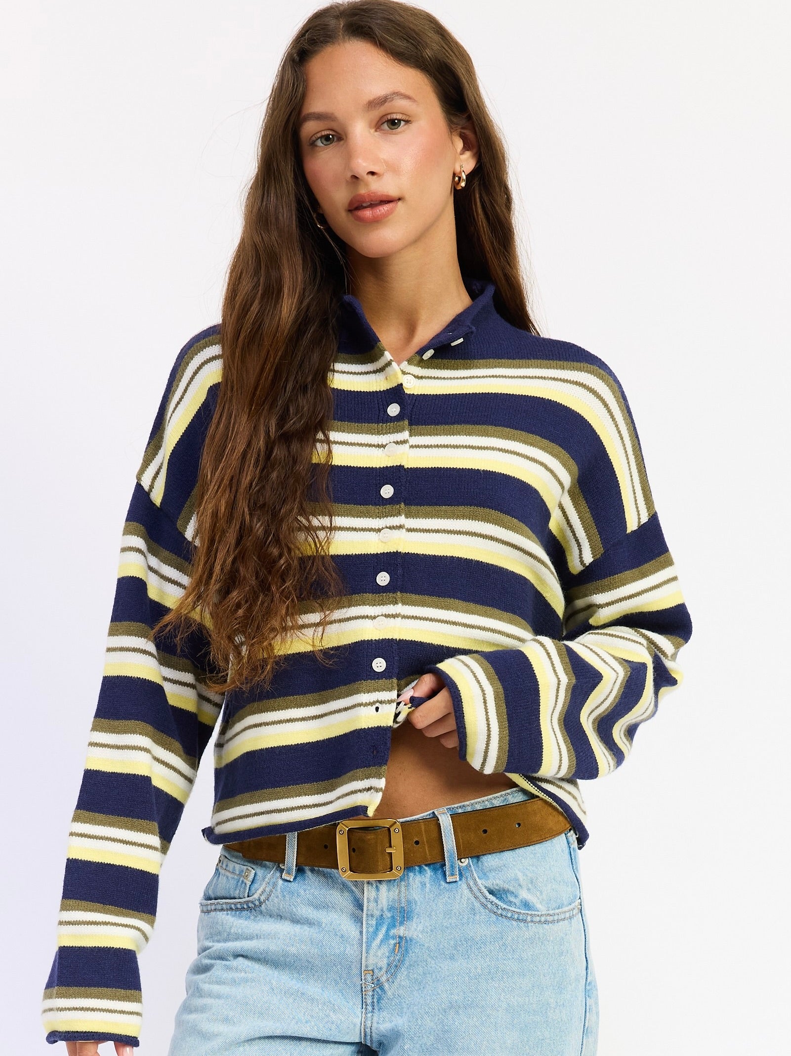 Striped Funnel Neck Cardigan