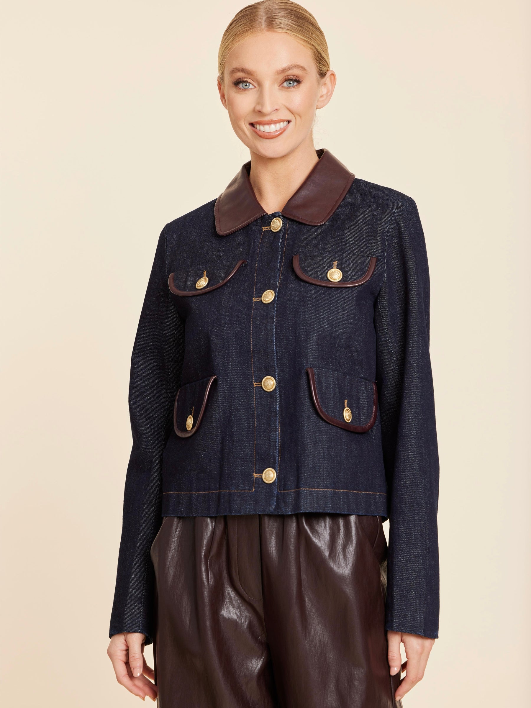 Vegan Leather Trim Denim Jacket