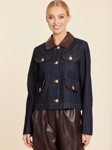 Vegan Leather Trim Denim Jacket