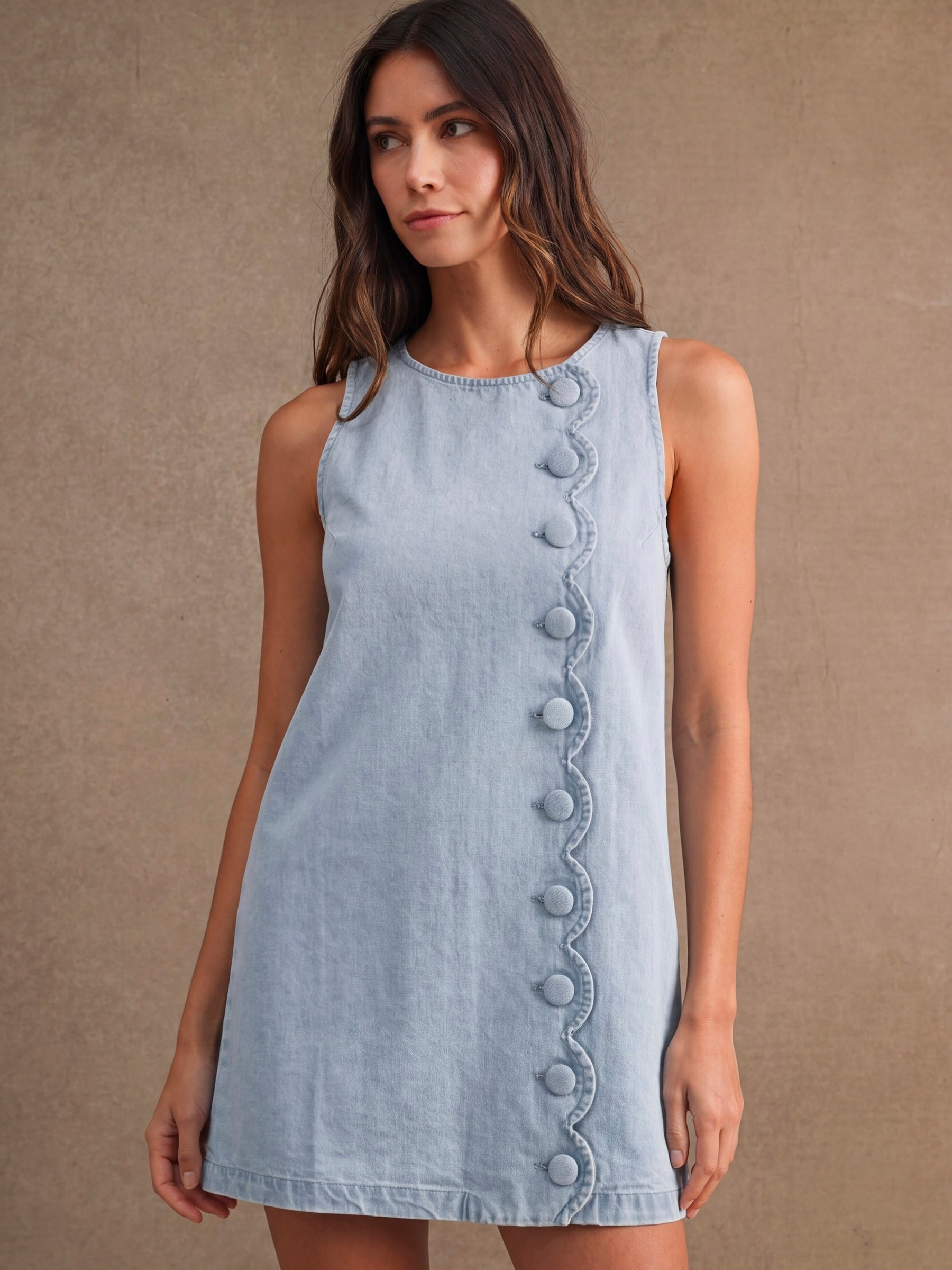 Denim Scallop Side Button Mini Dress