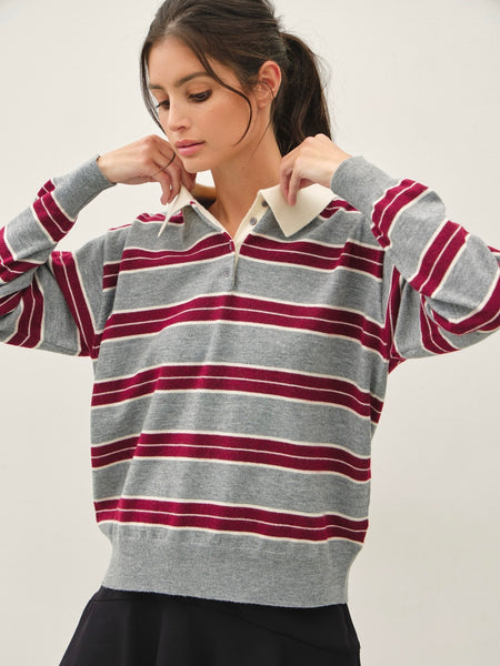 Ultra Soft Striped Button Up Polo Sweater