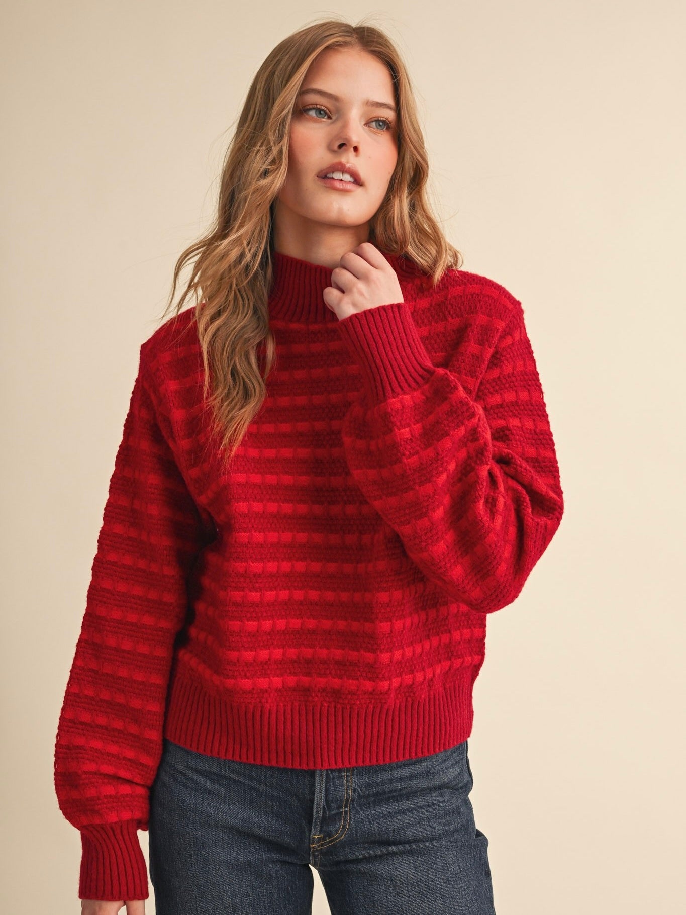 Quilted Knit Mock Neck Sweater
