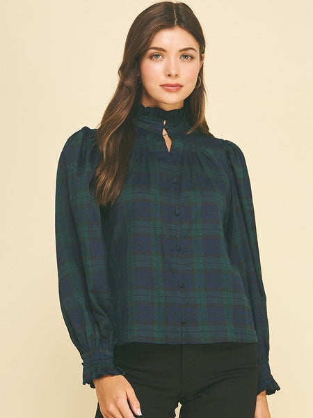 Plaid Ruffled Mock Neck Shirt
