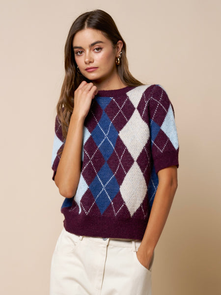 Argyle Short Sleeve Knit Sweater