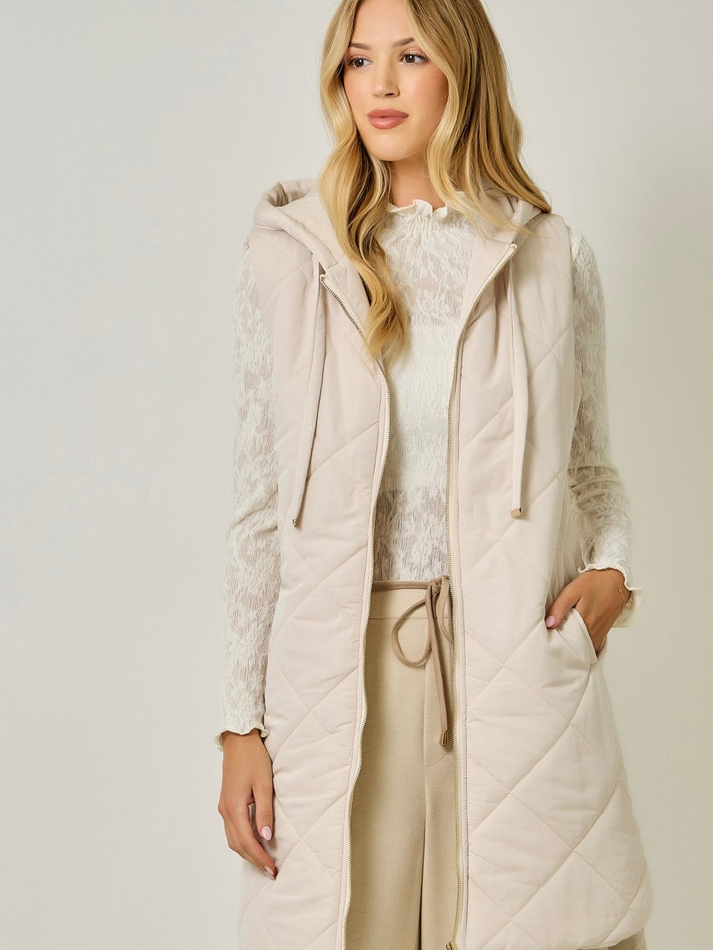 Quilted Puffer Long Hoodie Vest