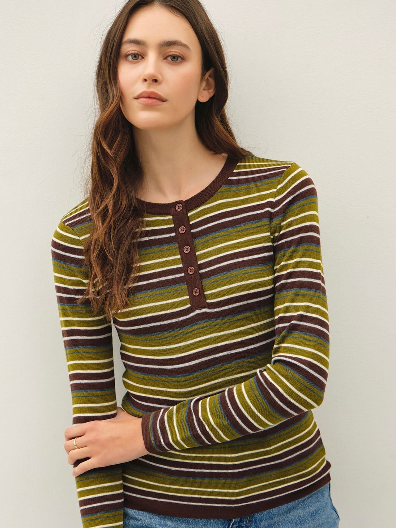 Striped Henley Neck Fine Top