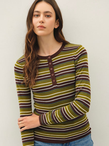 Striped Henley Neck Fine Top