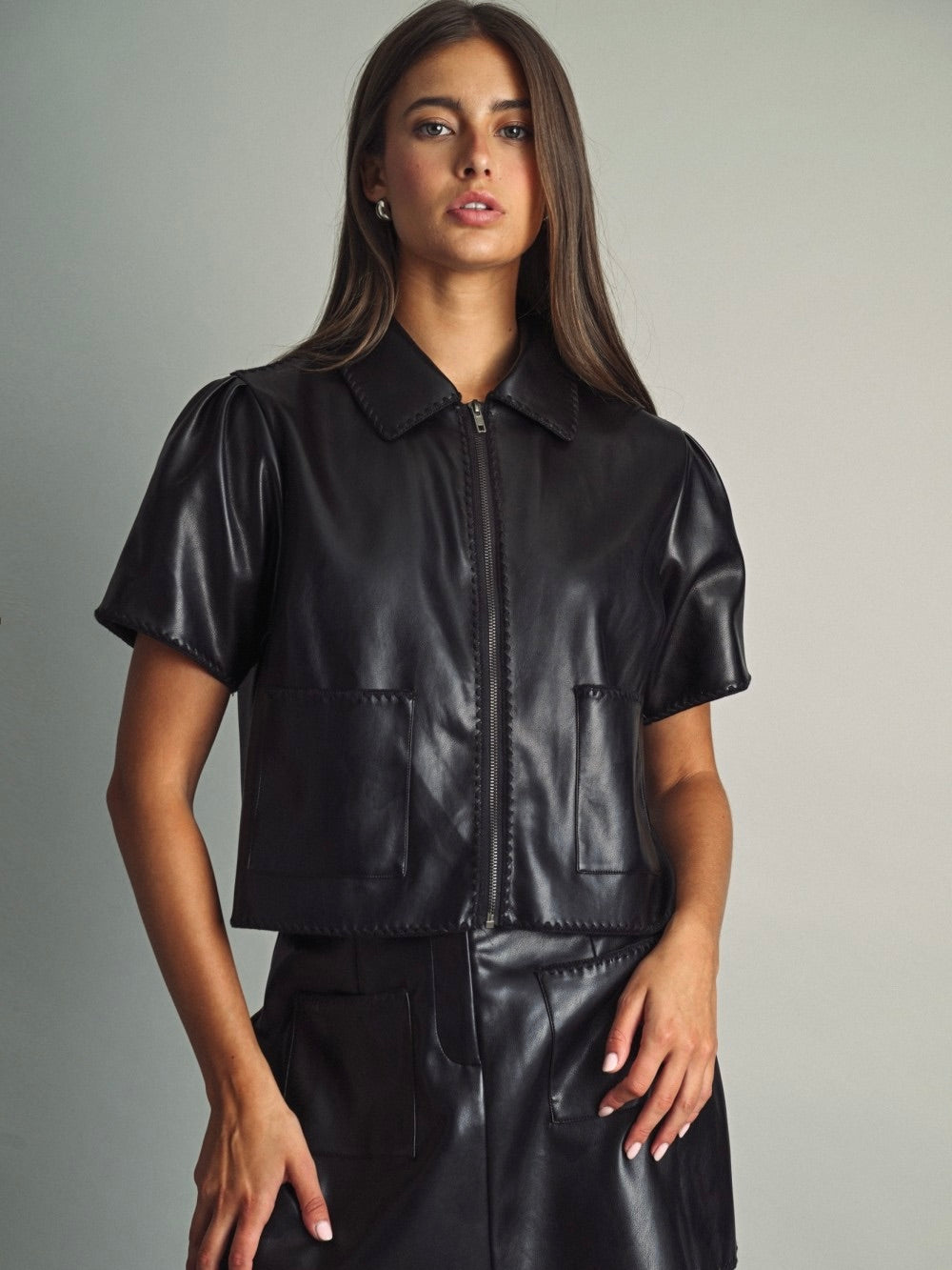 Short Sleeve Faux Leather Jacket